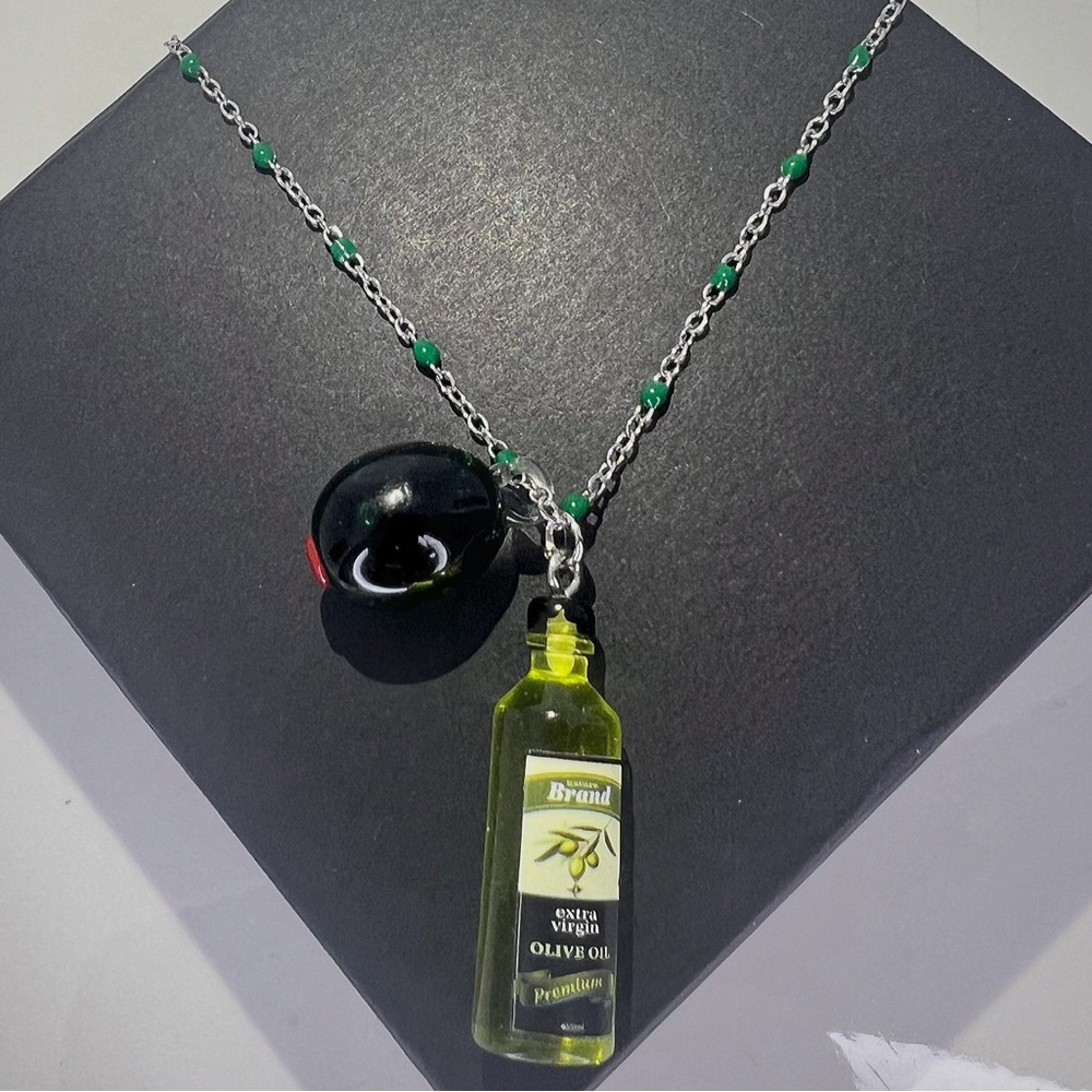 FRUIT SERIES Olive and Olive Oil Charm Green Enamel Necklace